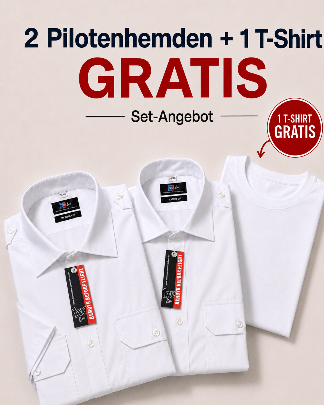 2 Pilotenhemden + 1 T-Shirt gratis